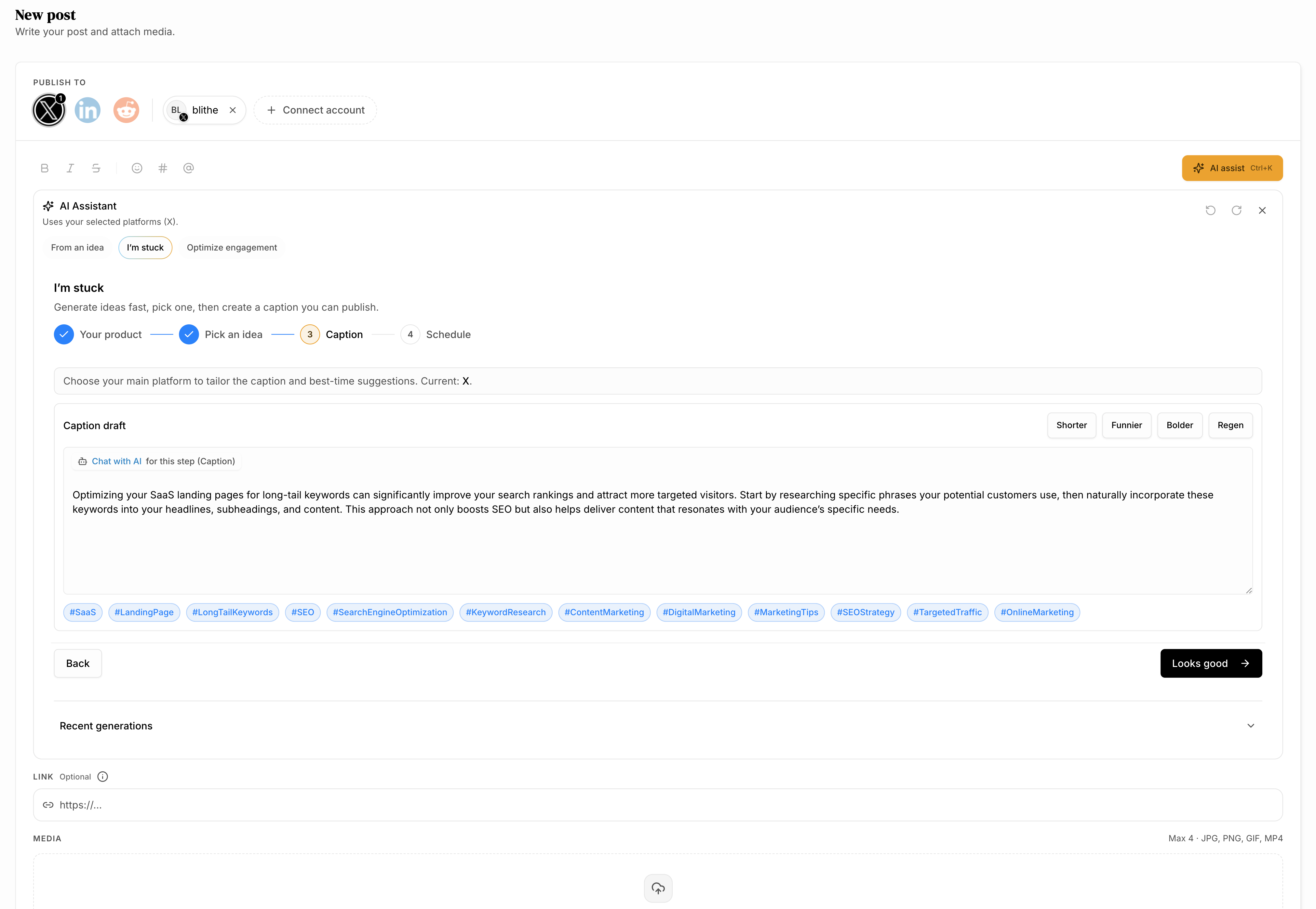 AI-generated caption with one-click refinement buttons and auto-generated hashtags