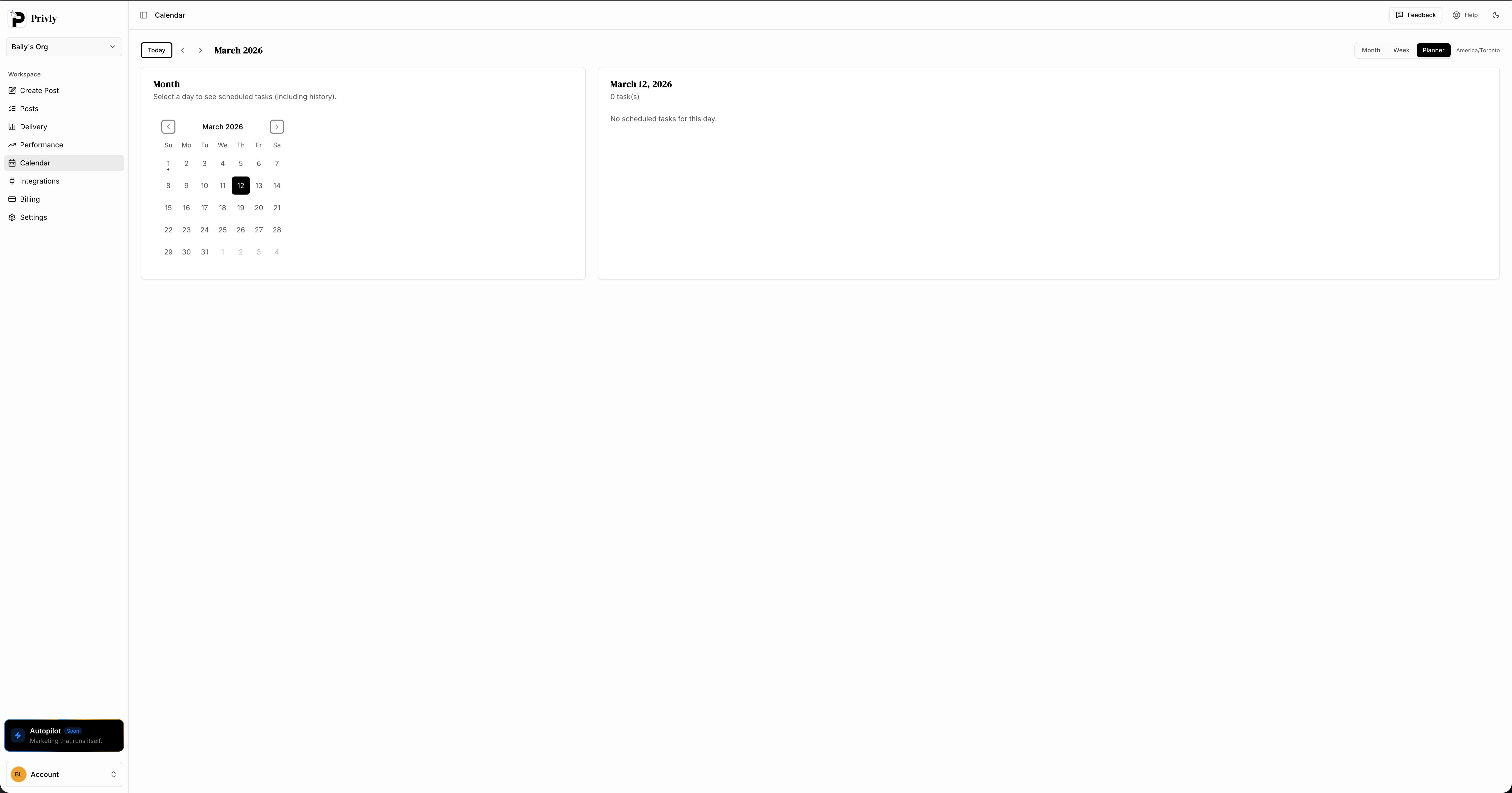 Privly calendar planner view for scheduling content across channels
