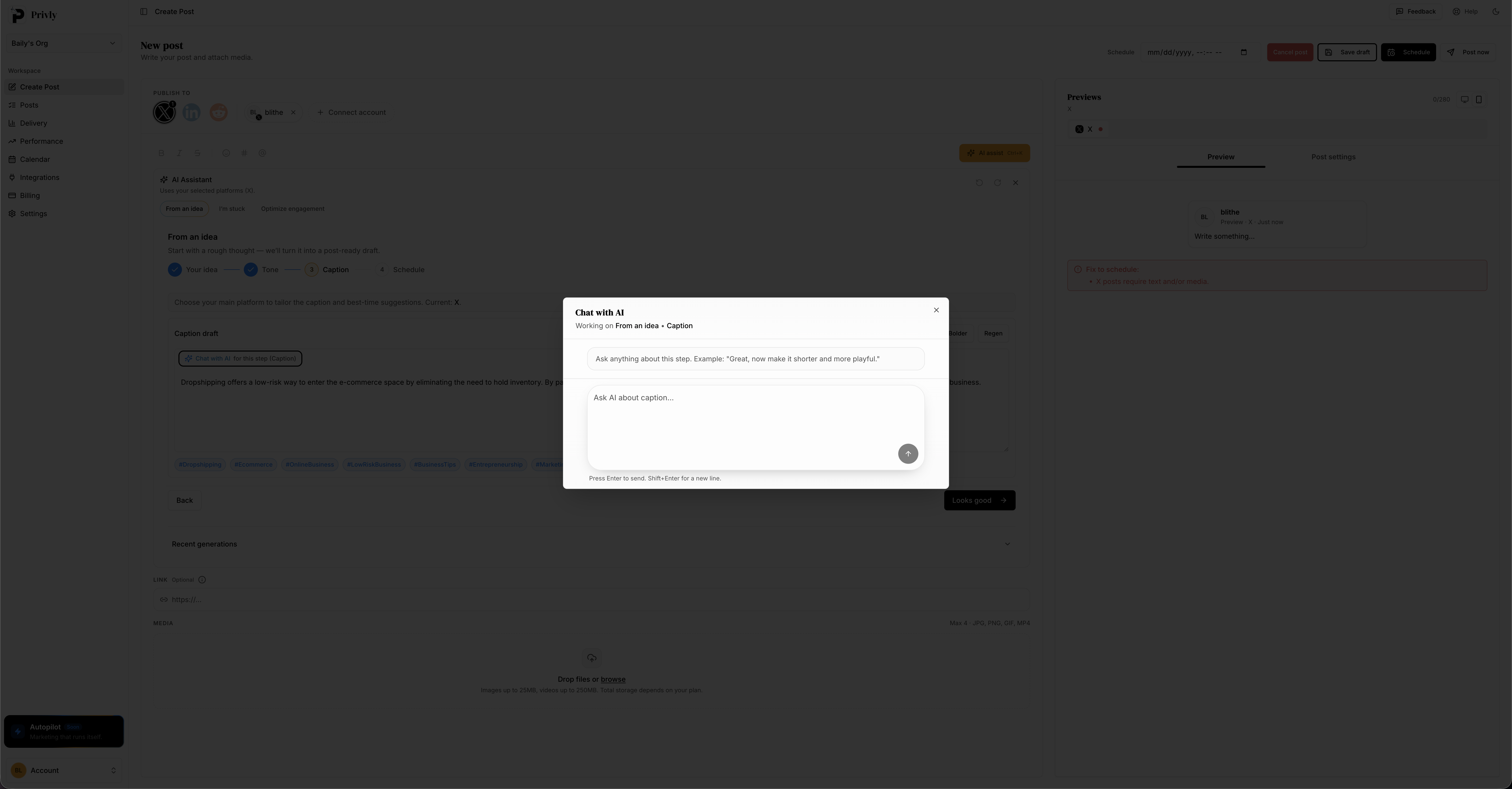 Privly Chat with AI dialog for refining social media captions