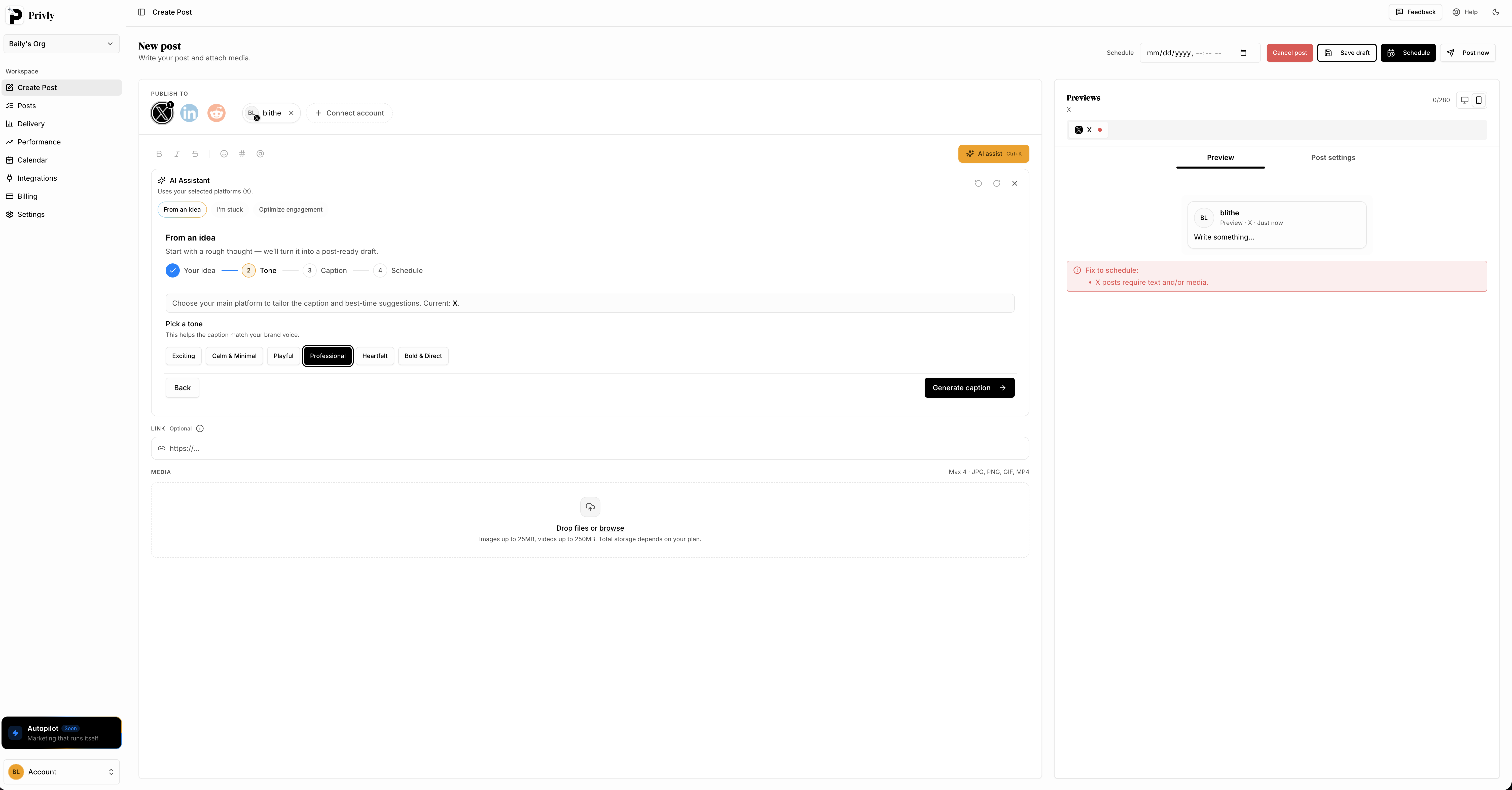 Privly create post screen with AI tone picker for professional content