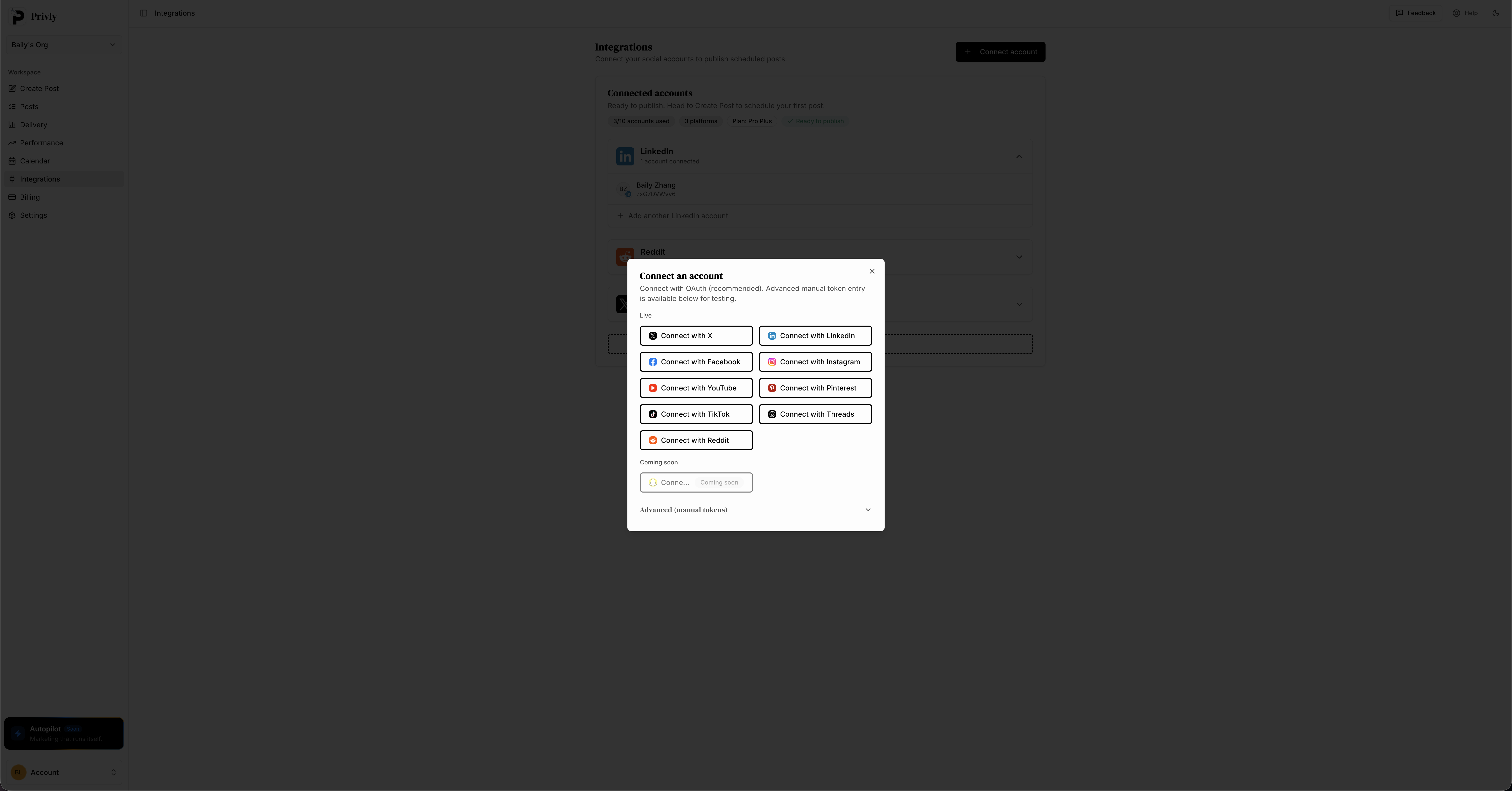 Privly connect account modal showing Pinterest among supported integrations